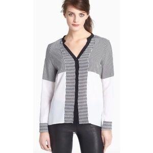 Diane Von Furstenberg Shelby Striped Black White Long Sleeve Silk Top